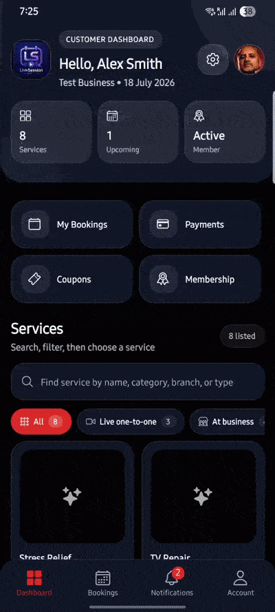 LiveSession PRO customer app preview with banners, offers and service images disabled