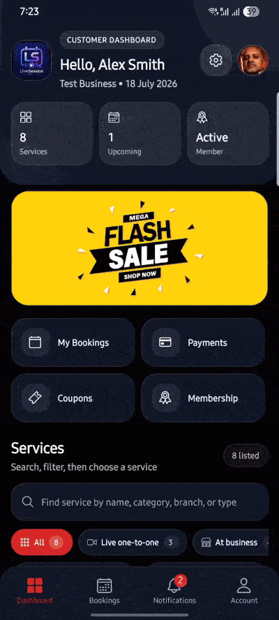 LiveSession PRO customer app preview with banners, offers and service images enabled